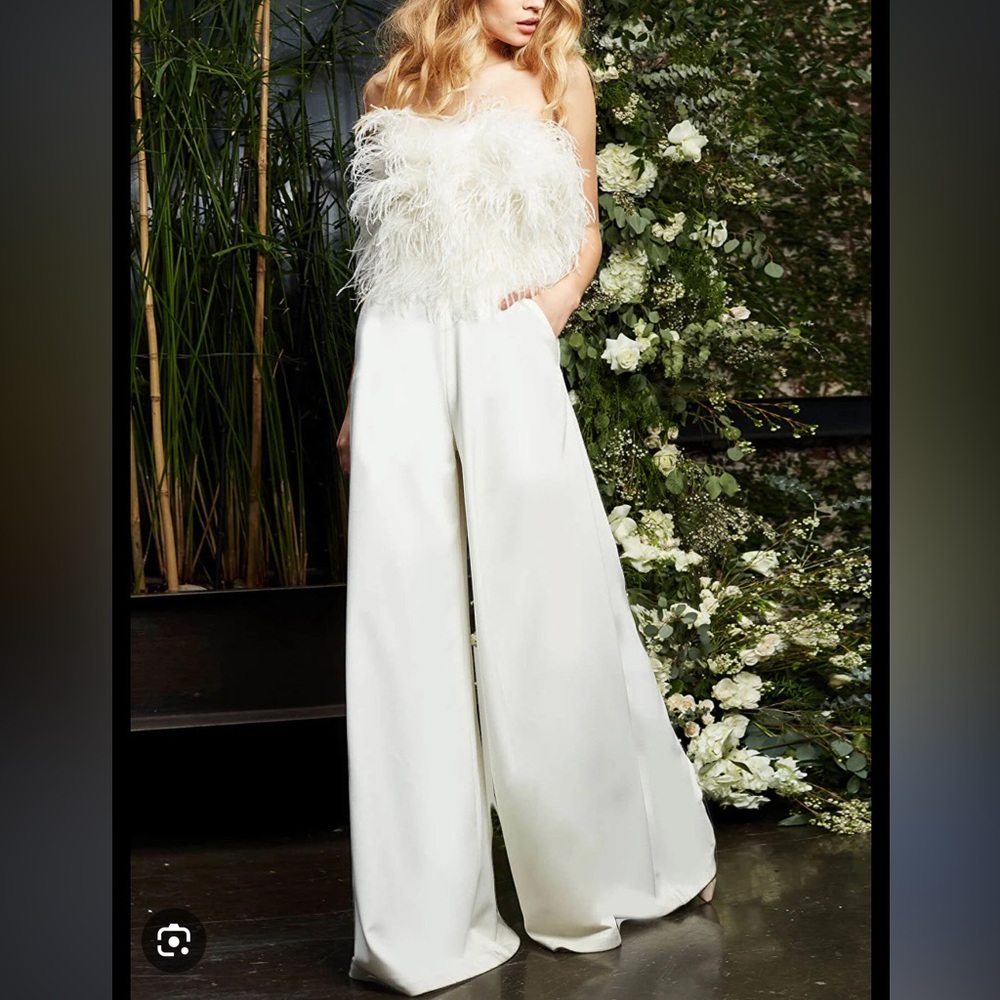 Jovani White Feathered Jumpsuit
